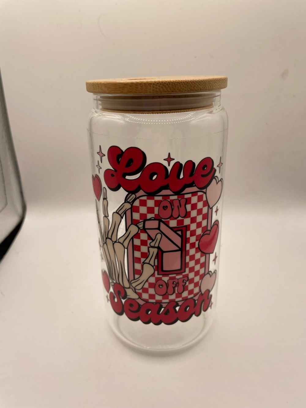 Hand Crafted Red and Pink 'Love Season' Glass Jar with Bamboo Lid